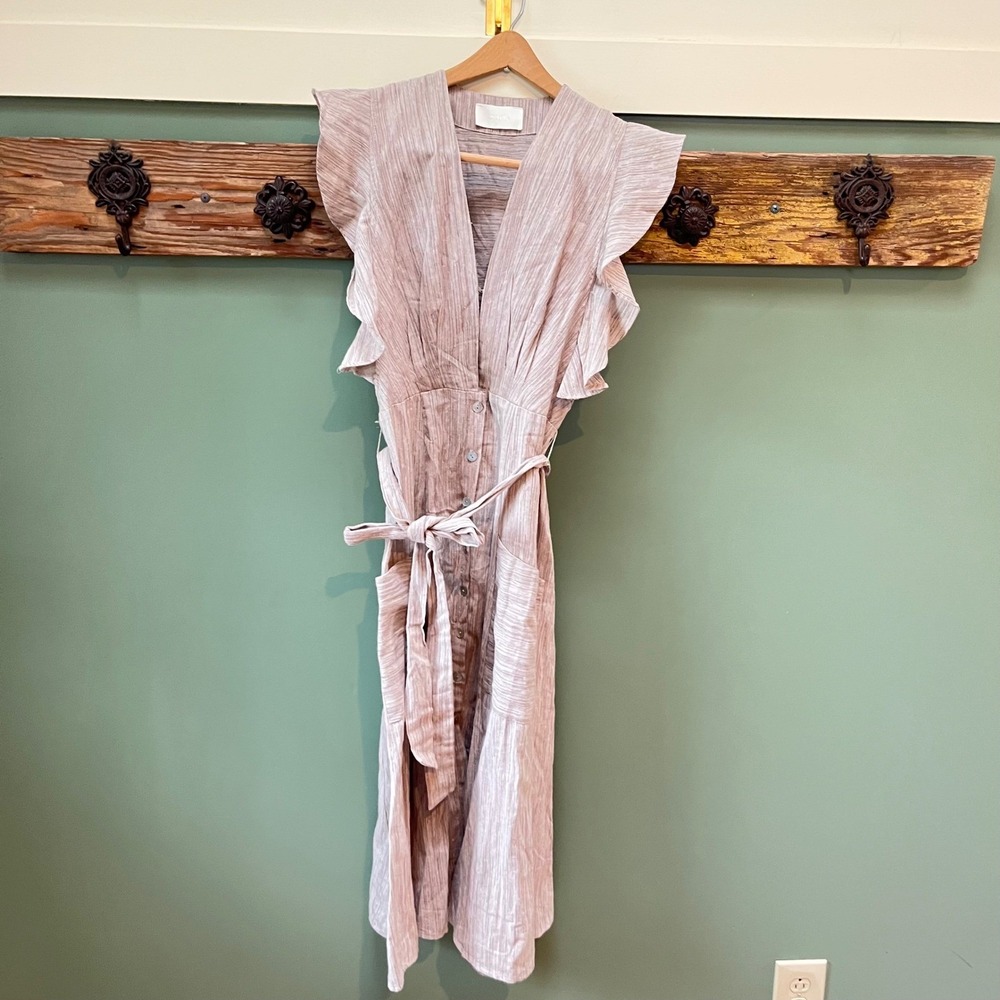 Storia Beige Cotton Linen Blend Flutter Sleeve Button Front Midi Dress Medium